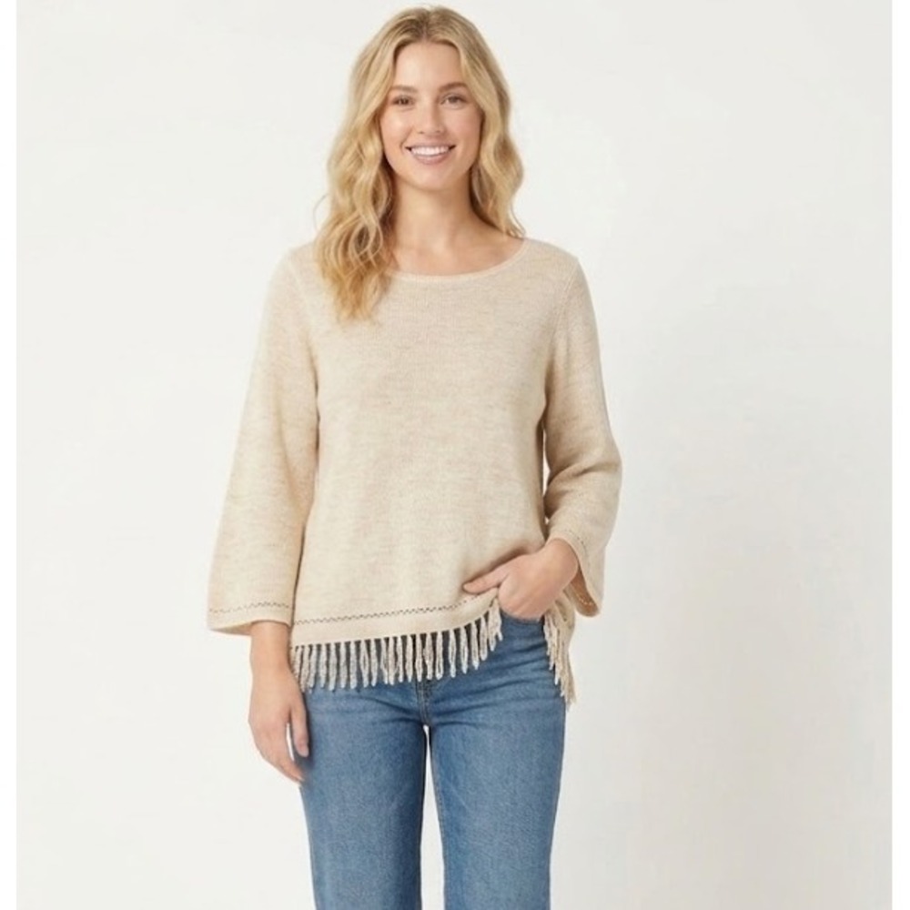 Joie Oatmeal Linen Wool Blend Round Neck Fringe Stretch Boho Top Large